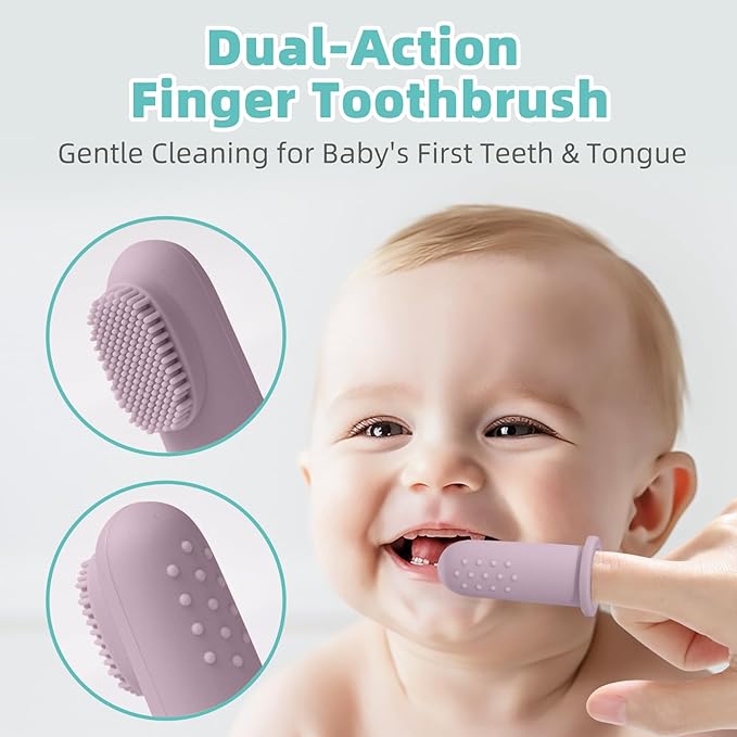 BumbleBee Silicone Baby Finger Toothbrush, Oral Cleaning & Teething Brush for Infants & Toddlers, 0 Months+, 2 Count with Travel Storage Case - Purple