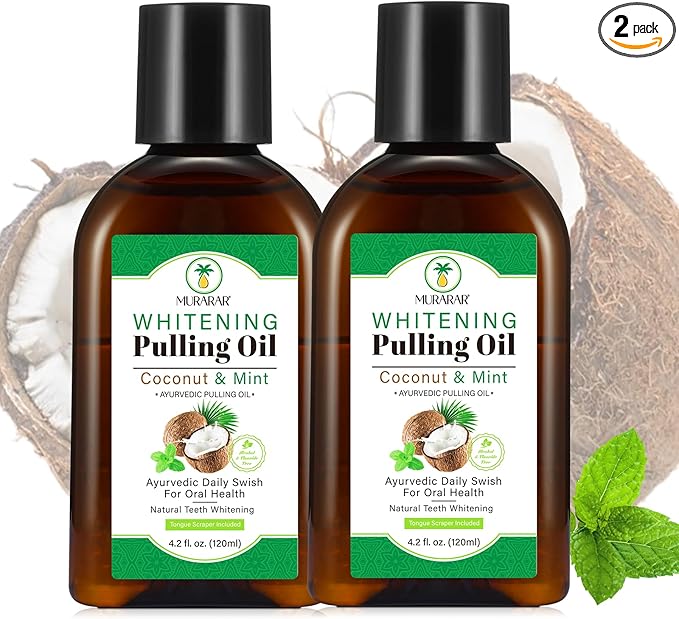 2 Pack Oil Pulling 4.2 Fl.Oz, Coconut Mint Oil Pulling Mouthwash for Fresh Breath with Tongue Scraper and Measuring Cup