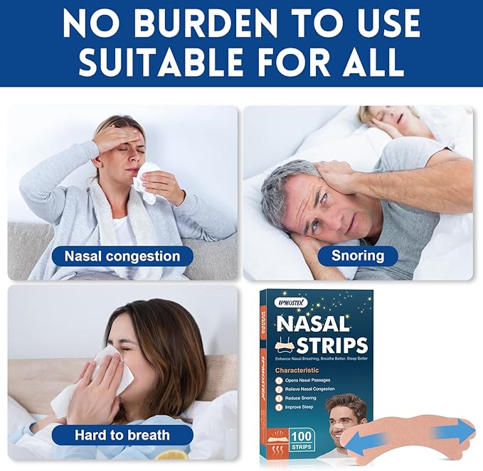 100Pcs Nasal Strips for Snoring, Extra Strength Nose Strips Breathing, Nose Tape for Sports and Sleep, Anti Snoring Strips Help Stop Snoring and Nasal Congestion Relief