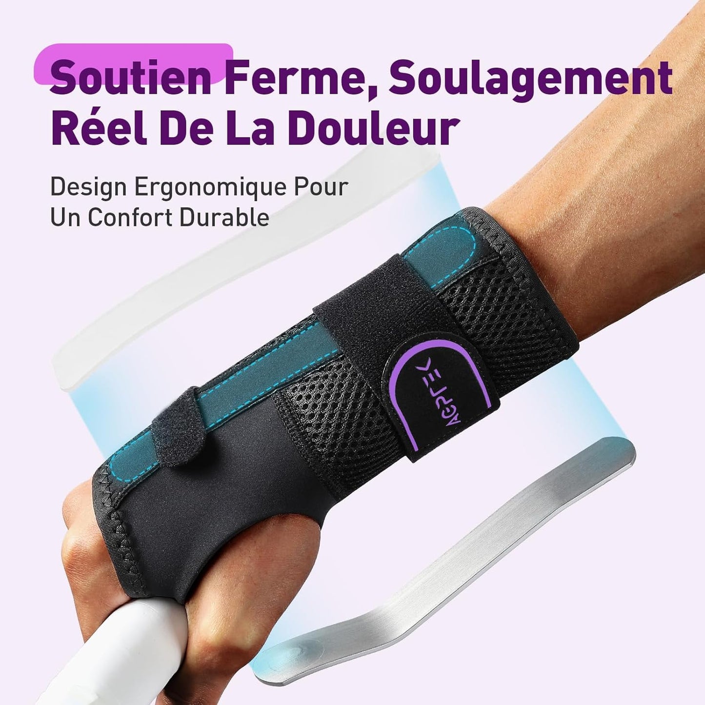 AGPTEK Carpal Tunnel Wrist Brace for Men Women, Night Sleeping Wrist Support with 2 Splints, Pain Relief Hand Brace for Arthritis Sprains Tendonitis, Adjustable Wrist Splint for Right Hand (L/XL, Black & Purple)
