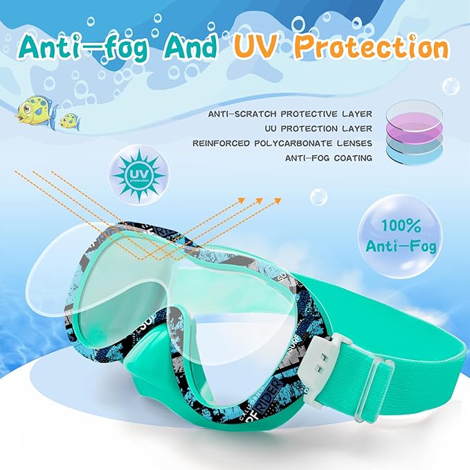 Kids Swim Goggles 180° Snorkel Diving Mask with Nose Cover, Anti-Fog Kids Swimming Goggles with Elastic Fabric Strap for Kids Boys Girls