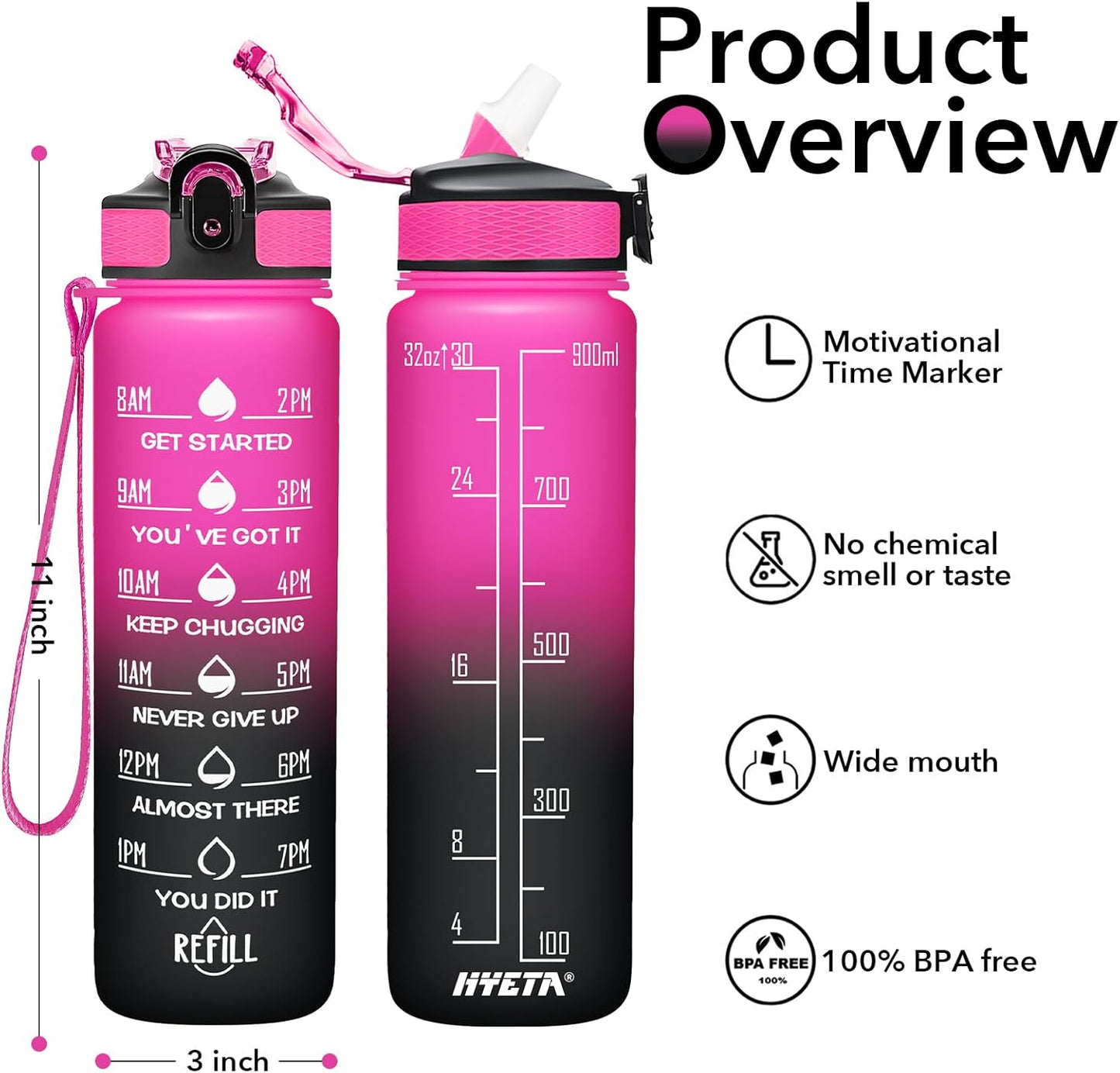 Hyeta 32 oz Water Bottles with Times to Drink and Straw, Motivational Water Bottle with Time Marker, Leakproof, Drinking Sports Water Bottle for Fitness, Gym and Outdoor