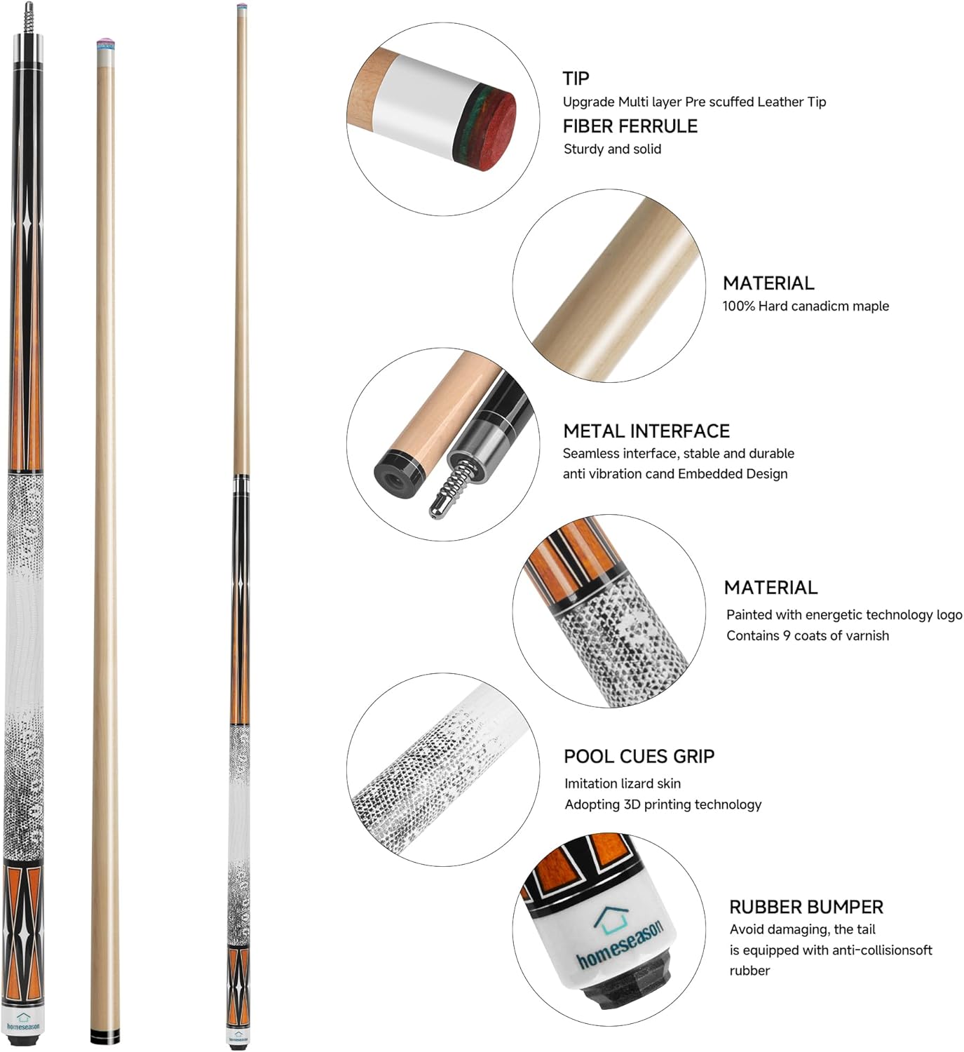 HomeSeason Pool Cue Stick 58" Billiard Cue Sticks 3D Printed Grip Professional Low Deflection Pool Sticks Maple Wood Pool Sticks 13mm Tip