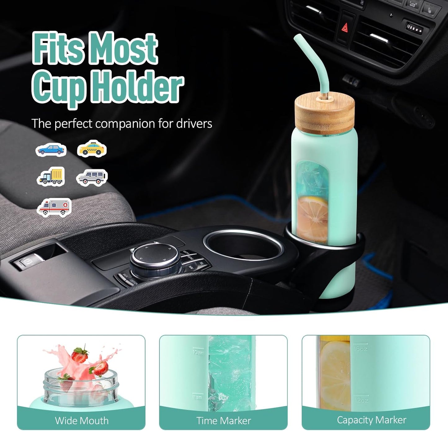 Kodrine Water Bottle with Straw, 24 oz Glass water Bottle with 2 Lids Bamboo Straw Lid and Spout Lid with Handle, 32 oz Clear Water Bottle Glass for Sports Travel, Waterbottle with Time Marker