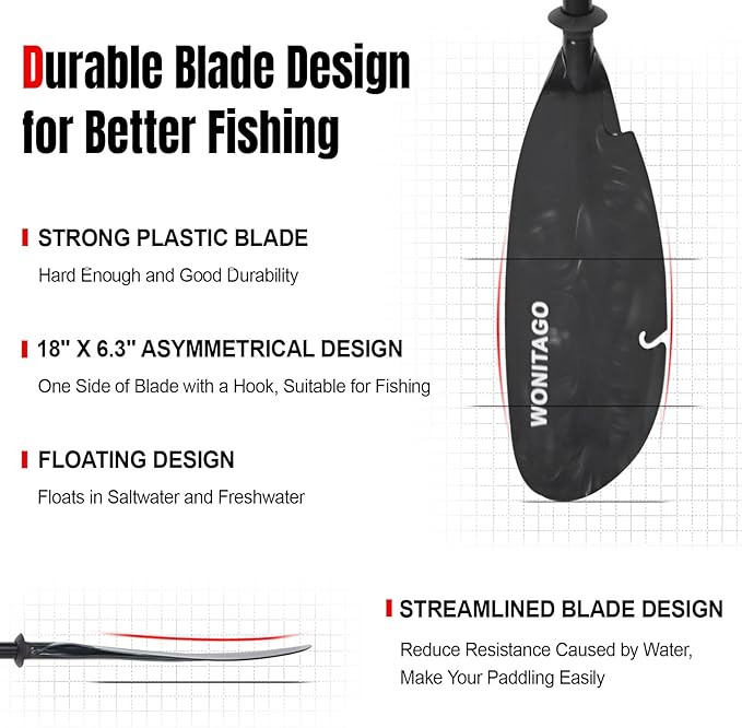 Angler Kayak Paddles Aluminum Paddle with Plastic Blades and Paddle Leash, Floating Adjustable Fishing Kayak Oars, 3 Piece, 230-250cm/90-98 inch