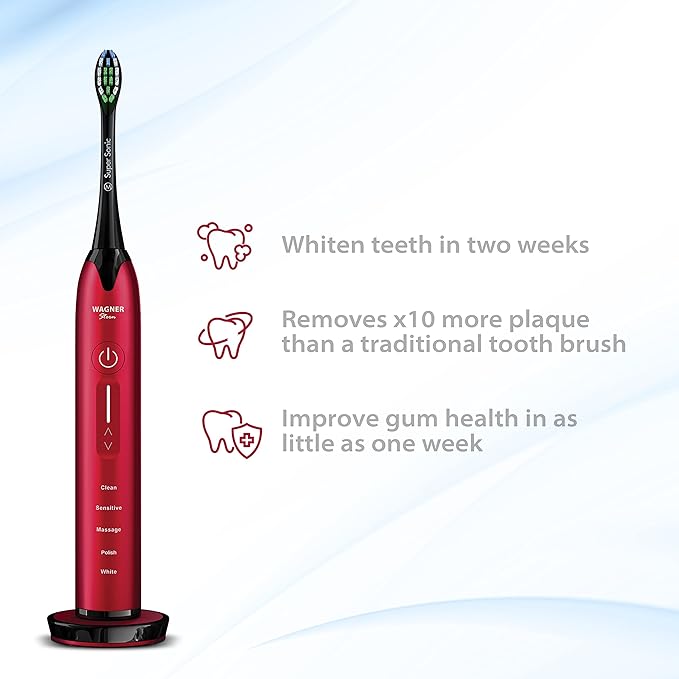 Wagner Stern Ultrasonic whitening Toothbrush with Pressure Sensor. 5 Brushing Modes and 4 Levels of Intensity, 8 Soft bristles, Travel case.