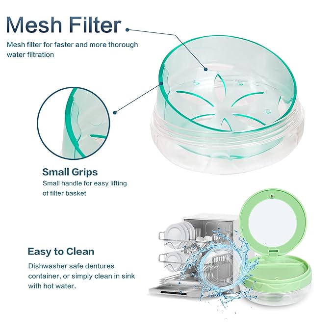 Denture case Retainer Case, Leak Proof Denture Cup, Denture Bath Case, Retainer Cleaning Box for Traveling, Partial Denture Case with Strainer & Mirror (Green)