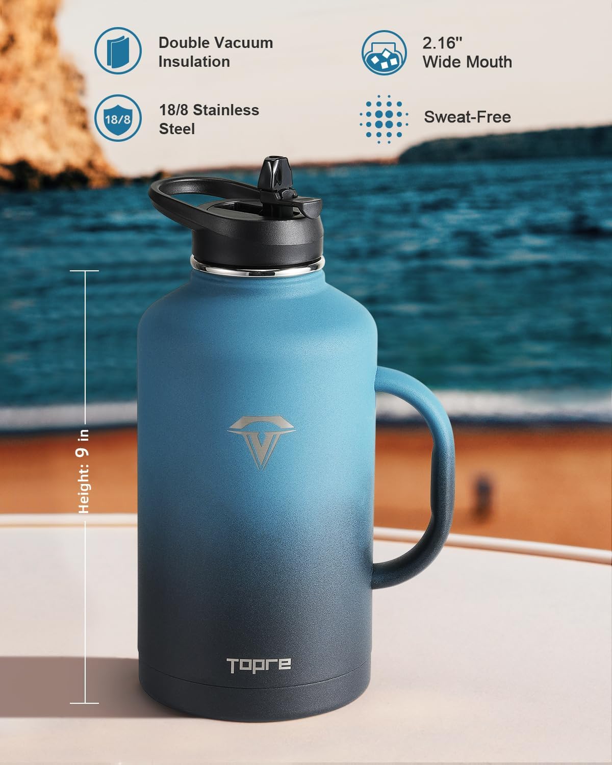 64oz Water Bottle Insulated with Handle,Double-Wall Vacuum Stainless Steel (Cold for 48 Hrs), Half Gallon Water Jugs,Reusable Metal Water Flask with Carry Pouch,Straw & Spout Lid,Indigo Black