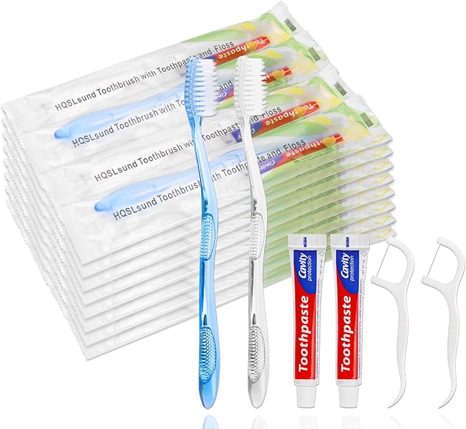 100 pcs Disposable Toothbrushes with Toothpaste Floss Individually Wrapped, 2 Color Toothbrush, 10g Toothpaste, Floss Pick, Bulk Toothbrush for Homeless,Airbnb,Hotel,Guest