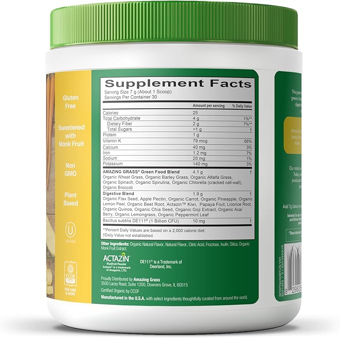 Amazing Grass Greens Blend Digest: Super Greens Powder Smoothie Mix for Digestion Support with Organic Spirulina, Chlorella, Beet Root Powder, Digestive Enzymes & Probiotics, 30 Servings
