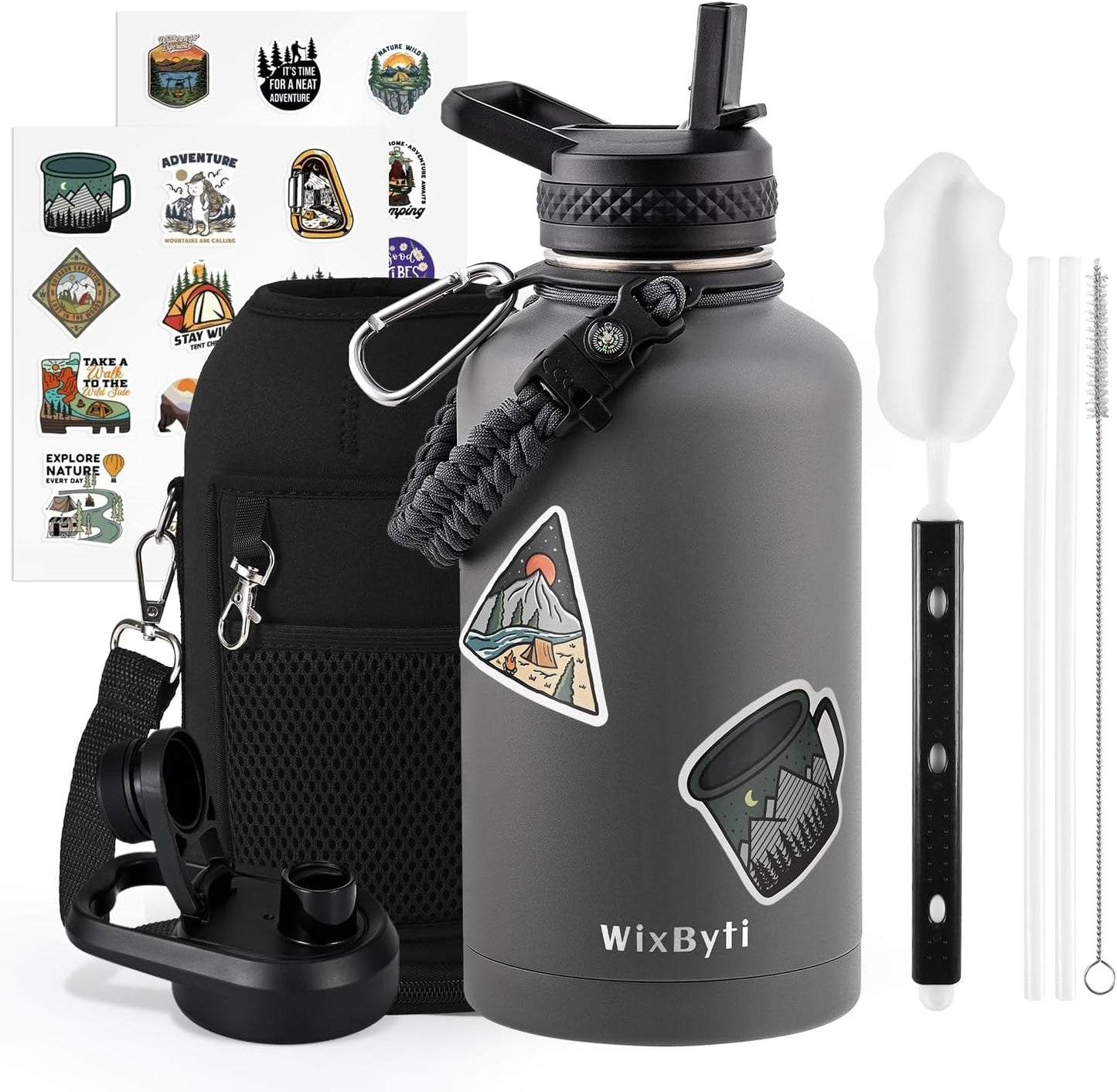 64 oz Insulated Water Bottle with Straw (Cold for 48 Hrs), Half Gallon Stainless Steel Triple Wall Vacuum Sports Water Jug, Leakproof Hydro Cup Flask with Straw Spout Lids & DIY Stickers