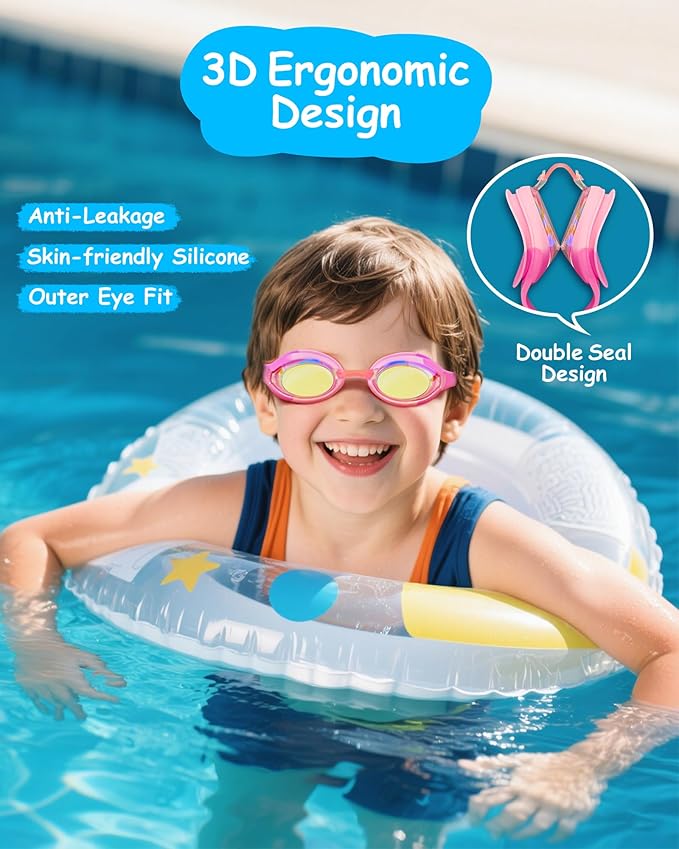 Kids Swim Goggles, Anti-fog and UV Protection with Swim Cap for Age 3-15 Youth Boys Girls Toddler