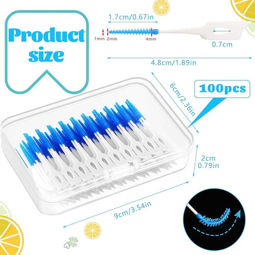 100 Pieces Interdental Brushes, Silicone Dental Floss Picks with Case Dental Brushes Dental Picks Blue Tooth Floss Picks for Teeth Cleaning