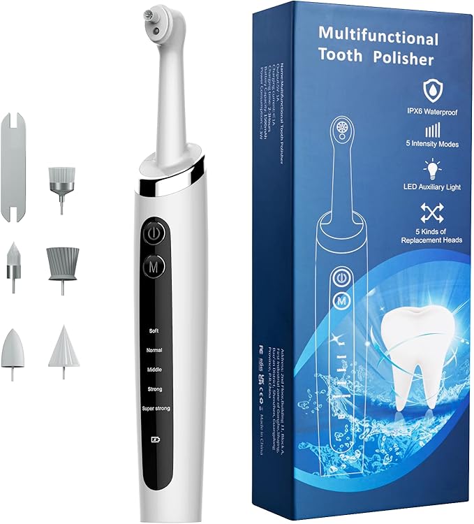 Dentist Tooth Polisher,Electric Tooth Polisher Professional with 5 Replacement Heads & Cleaning Modes, USB Rechargeable, Ipx6 Waterproof, Dental Polisher for Adults & Kids White.
