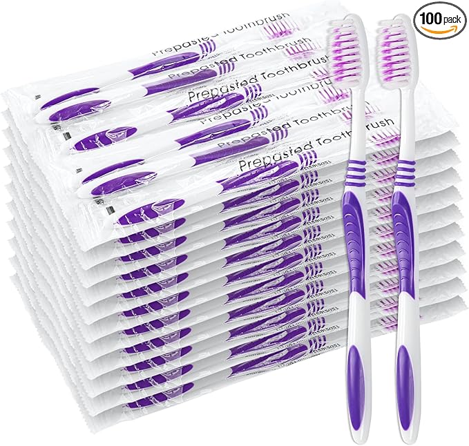 100 Prepasted Disposable Toothbrushes Individually Wrapped Pre Pasted Toothbrushes Soft Bristle Travel Tooth Brush Single Use Wrapped for Hotel, Camping, Travel and Gift for The Homeless (purple)