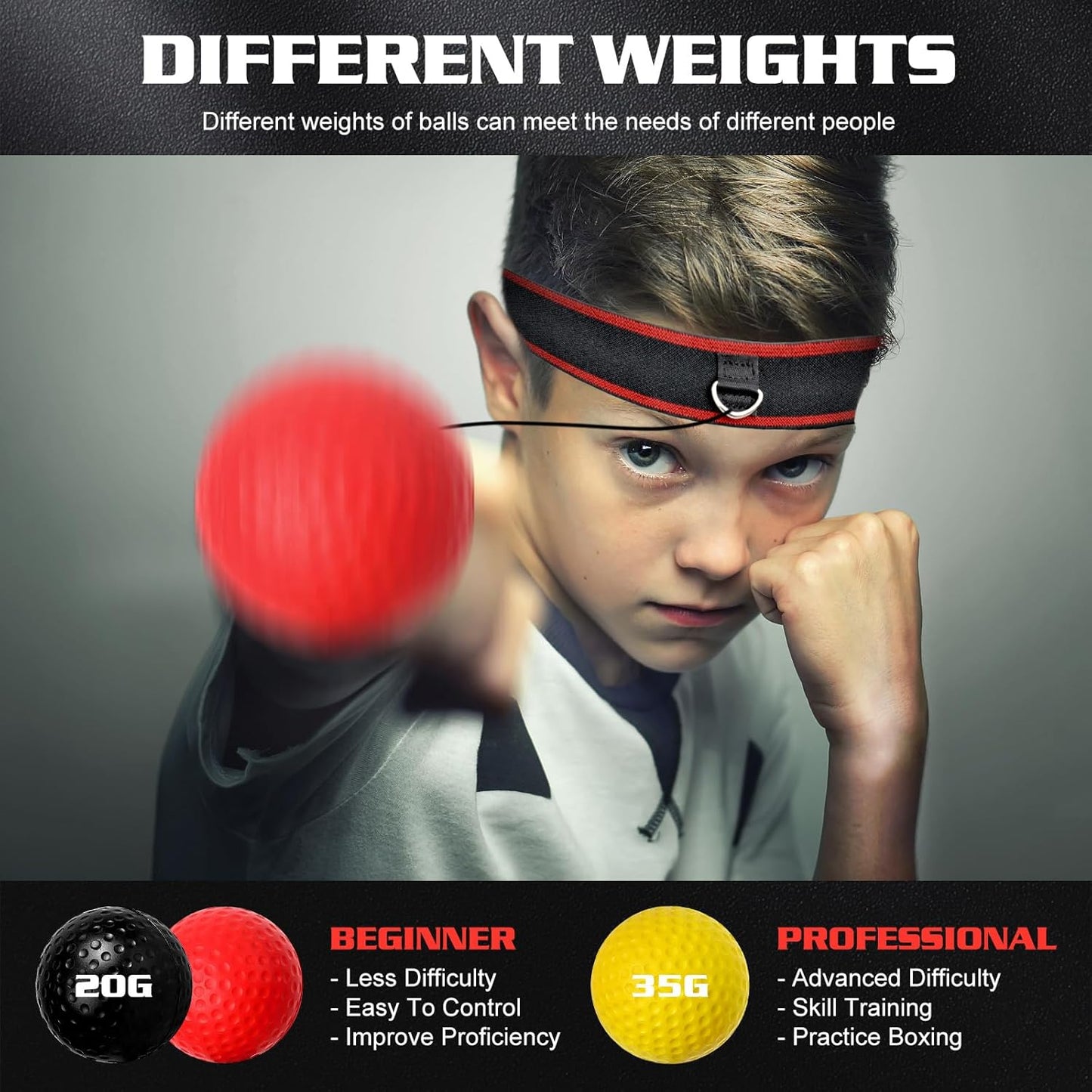 KTEBO® Boxing Reflex Ball Headband Set - Includes 4 Different Balls and 2 Adjustable Headbands for Beginner Proficiency Improvement, Great Boxing Equipment