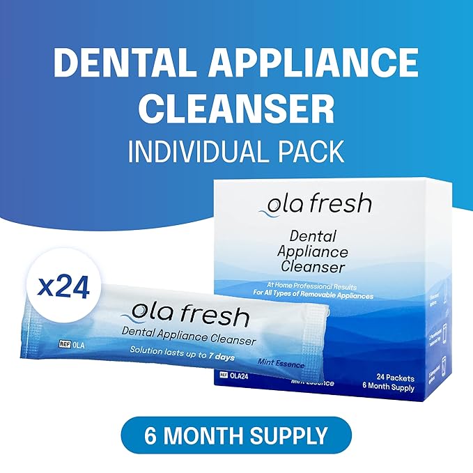 Ola Fresh Dental Appliance Cleanser, Professional Denture and Retainer Powder Cleanser (Mint Essence Flavor, 24 Packets, 6 Month Supply)