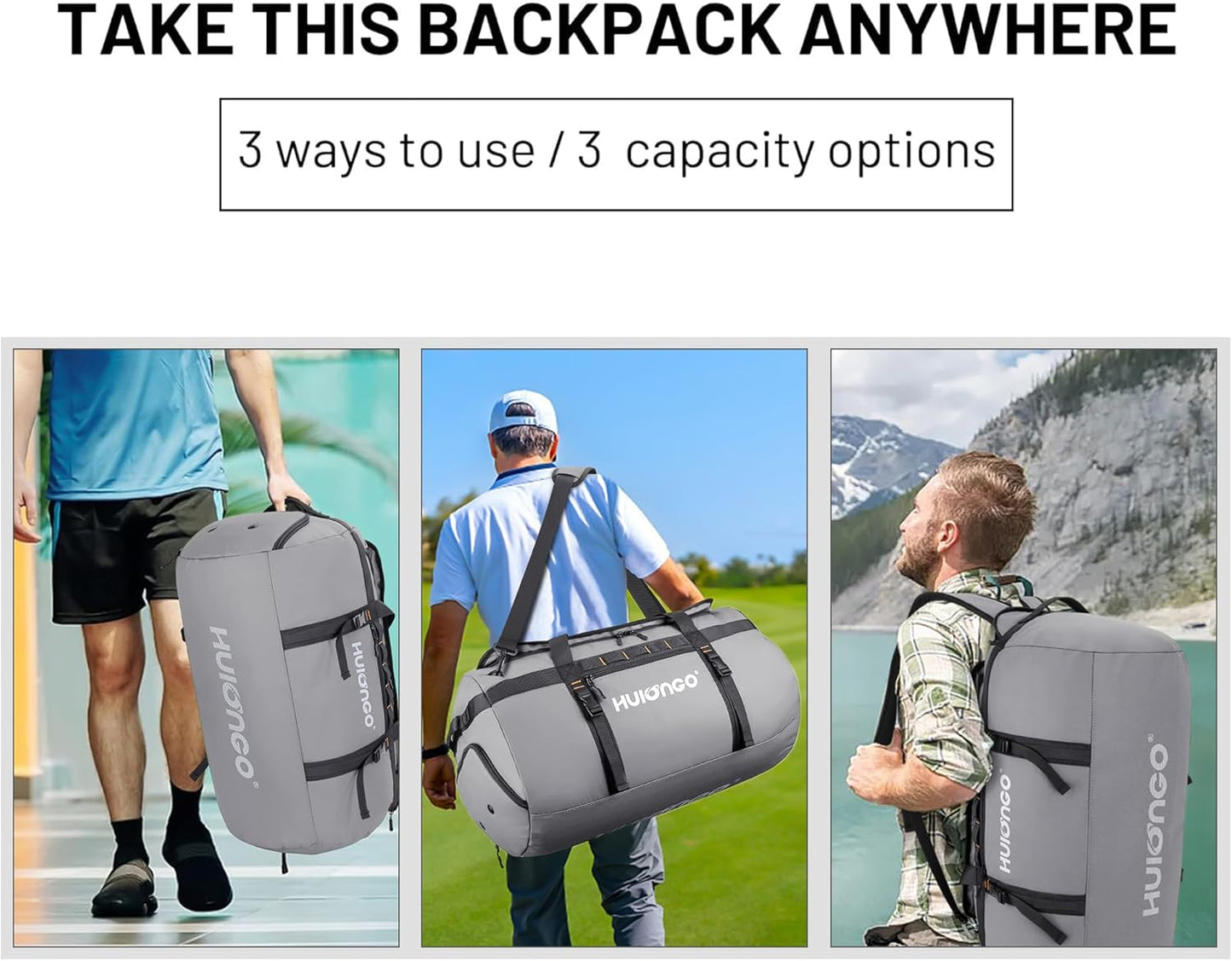 40L/60L/90L Large Waterproof Duffle Bag Backpack for Men, Mens Duffel Backpack Bags for Traveling, Heavy Duty (Grey, 60L)