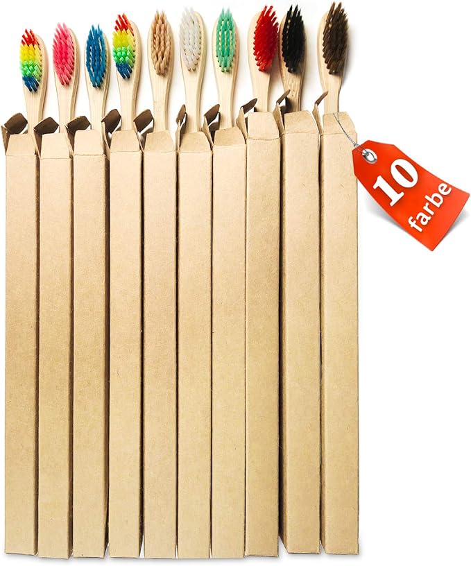 10 Color Soft Bristles Natural Bamboo Toothbrushes Set, Premium BPA Free for Best Clean, Eco-Friendly, Plastic-Free, Vegan, Biodegradable & Compostable Charcoal Wooden