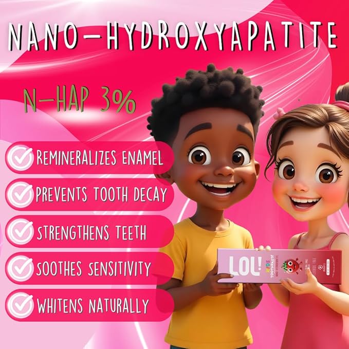 LOL Kids Toothpaste | Fluoride Free 2-Flavors Pack | Nano Hydroxyapatite Toothpaste, Probiotics, Vitamins A, C, E | Safe if Swallowed, No SLS | 1 Strawberry, 1 Melon Flavor,