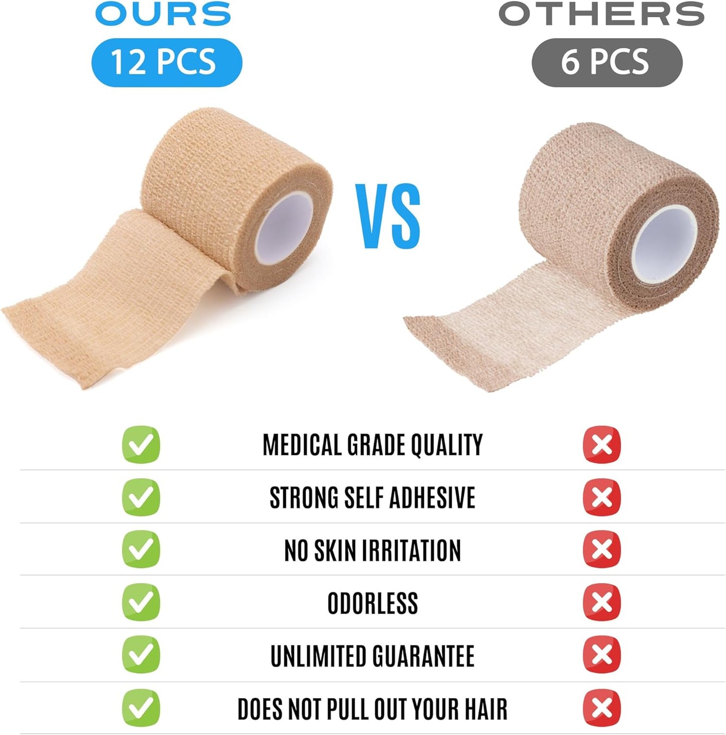 LotFancy Self Adhesive Bandage Wrap, 12 Pack, 2" x 5 Yards Non Woven Medical Tape, First Aid Tape for Athletic Wrist Ankle Sprains Swelling, Tan Color