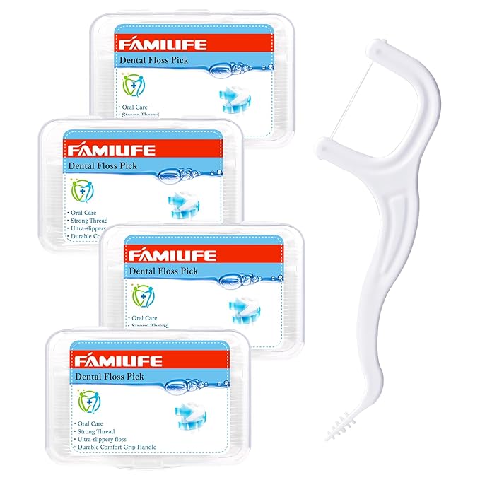 FAMILIFE Floss Picks, 200 Count Unflavored Dental Floss Cleaner, Tooth Picks Flossers with 4 Travel Handy Cases, Helps to Fight Tooth Decay and Keep Your Teeth Clean, Sticks for Family