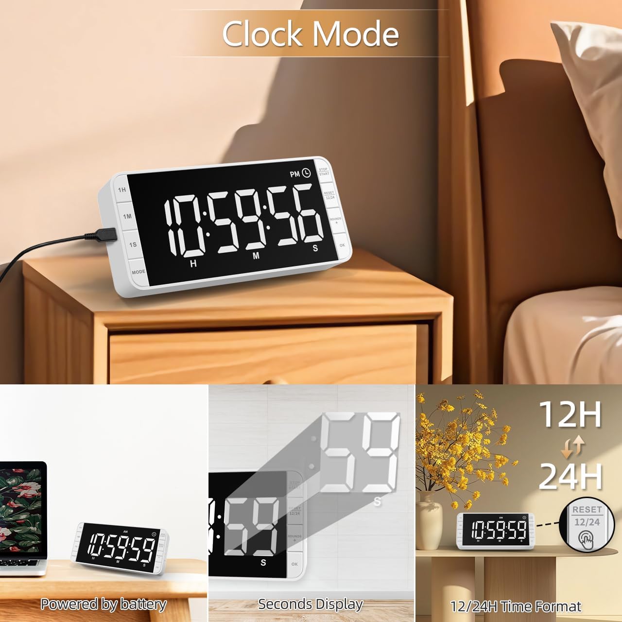 7.8'' Extra Large LED Kitchen Timer: 99H Countdown Countup with 3 Brightness, 5 Alarms & 4 Volume Levels, Magnetic Rechargeable Timer for Cooking, Classroom, Home Gym