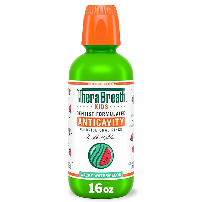 TheraBreath Kids Organic Wacky Watermelon Mouthwash with Fluoride, Anticavity, Dentist Formulated, 16 Fl Oz