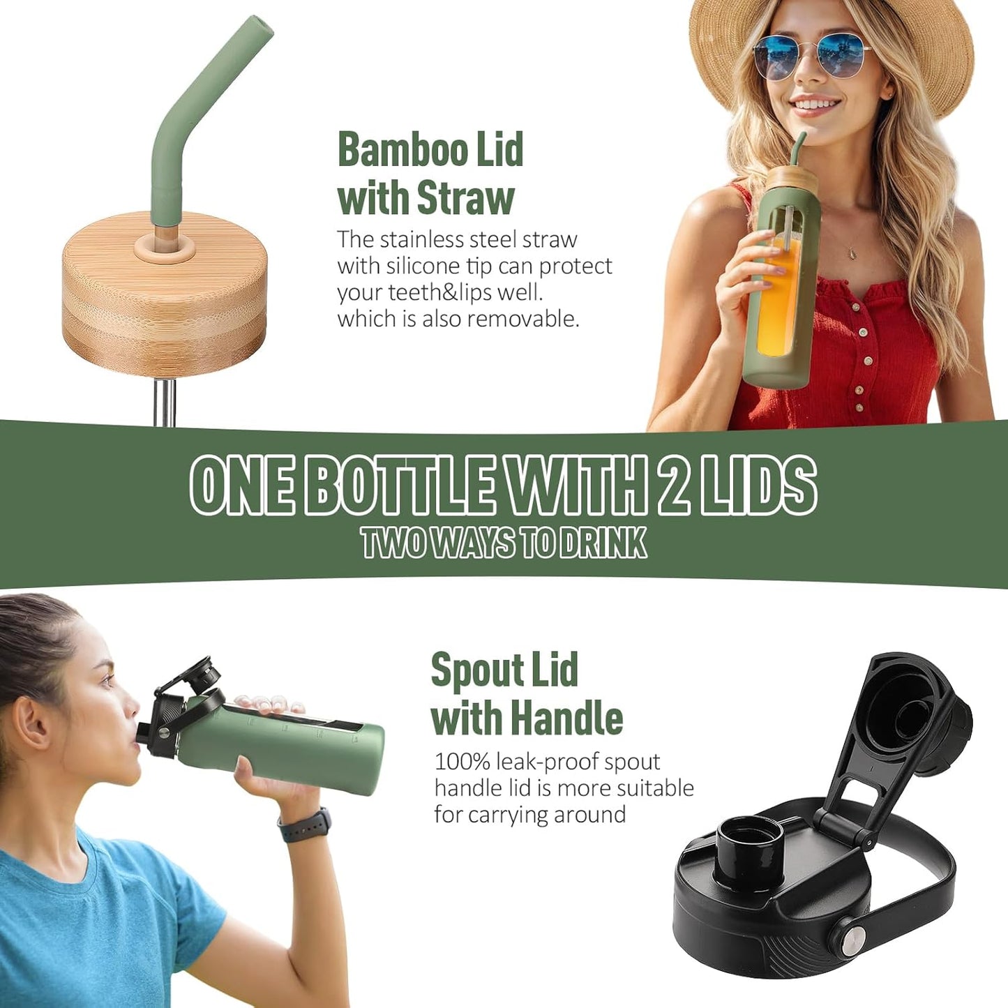 Kodrine Water Bottle with Straw, 24 oz Glass water Bottle with 2 Lids Bamboo Straw Lid and Spout Lid with Handle, 32 oz Clear Water Bottle Glass for Sports Travel, Waterbottle with Time Marker