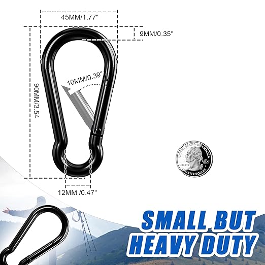 KINLINK 10 Pack Black Carabiner Clip, 3.54 inch Heavy Duty Spring Snap Hook, Caribeener Clips for Camping, Hiking, Travel, Fishing, Quick Link Keychain, Water Bottle, Backpack