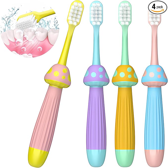 Kids Toothbrushes 4 Pack, Extra Soft Toddler Toothbrush 1-12 Years, Cute Mushroom Baby Toothbrush Multicolor Infant Training Tooth Brush Complete Tooth and Gum Care, Easy to Grip