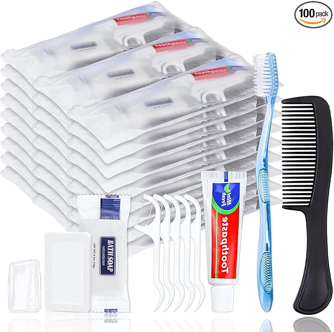 100 Sets Personal Hygiene Kit Basic Toiletry Kits Homeless Supplies Bulk for Women,Men,Travel,Charity,Business Include 100 Toothbrush,100 Toothpaste,100 Comb,100 Bath Soap,500 Floss Pick
