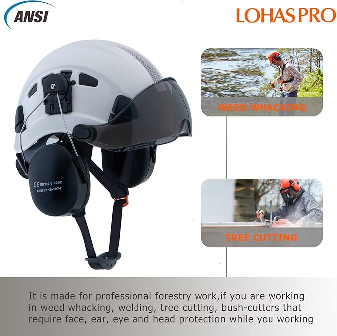 LOHASPRO Arborist Forestry Helmet Safety Hard Hat with Visor and Ear Muffs for Tree Service Logging Cutting Wood Chainsaw Helmet Garden Work Trimming Mowing(P91 White+Smoked Visor+Earmuff)