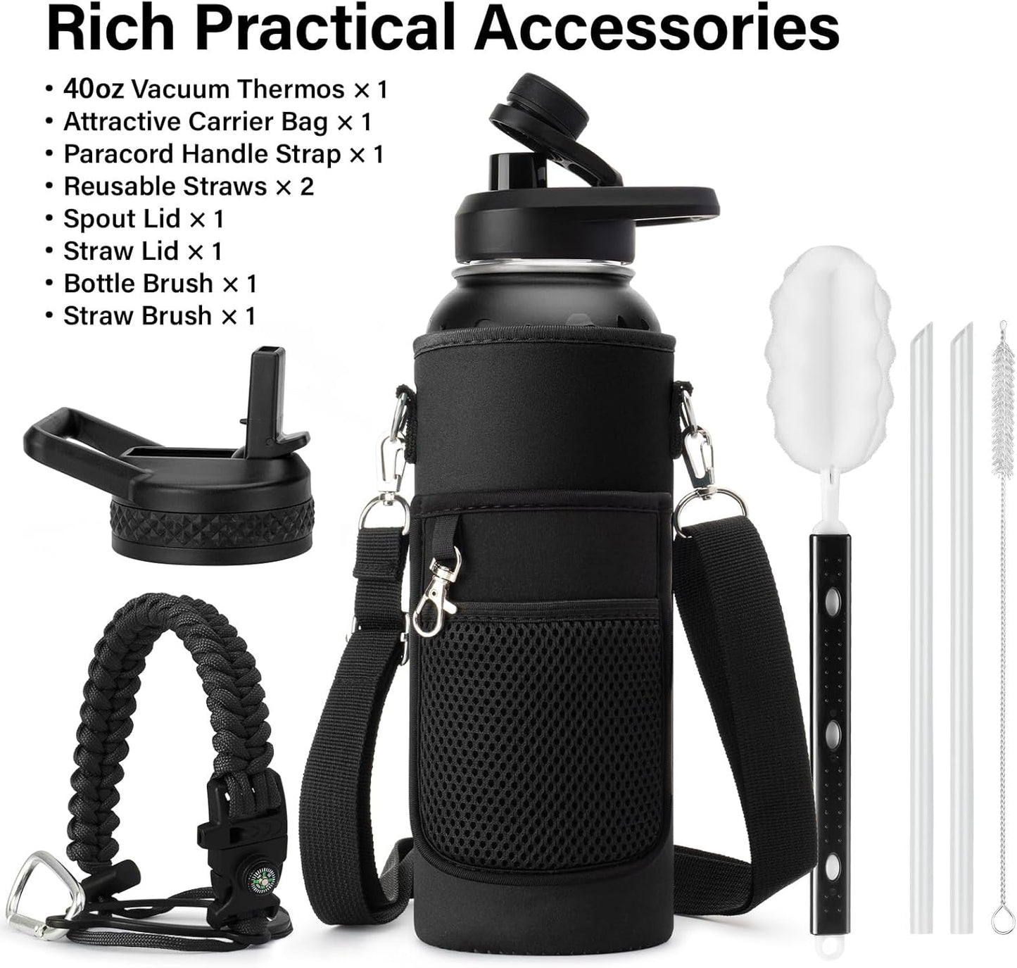 Insulated Water Bottle | Thickened Stainless Steel Vacuum Metal | Portable Sports Water Jug for Gym and Hiking with Straw, Carrier Bag, Handle Strap | BPA-Free 40 oz