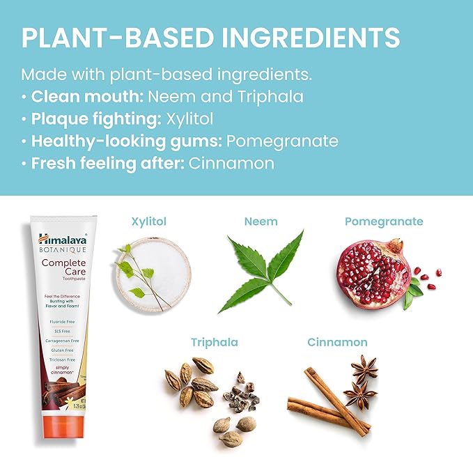 Himalaya Botanique Complete Care Toothpaste, Herbal, Cinnamon Flavor, Fights Plaque, Freshens Breath, Fluoride Free, No Artificial Flavors, SLS Free, Cruelty Free, Foaming, 5.29 Oz, 2 Pack