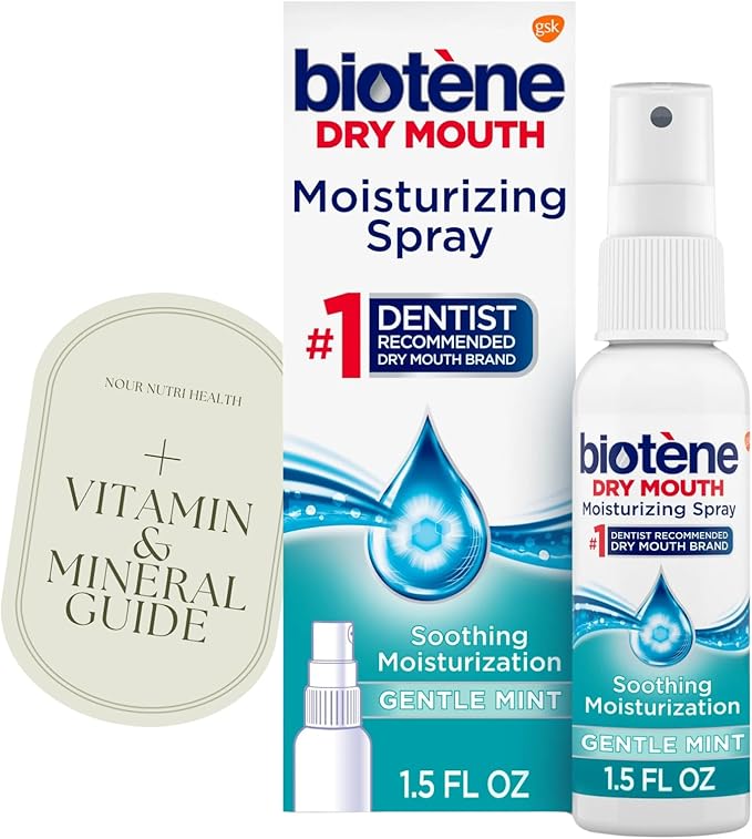 1 Pack of Biotene Moisturizing Dry Mouth Spray, Moisturizing Spray for Dry Mouth and Bad Breath, Gentle Mint - 1.5 fl oz + Vitamin and Mineral Exclusive Guide