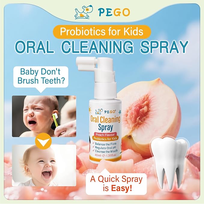 PEGO Kids Oral Spray, Toddler Toothpaste Helper for Daily Oral Care and Fresh Breath, Kid's Mouth Spray with Fluoride Free for Newborn to Preschoolers (40ml*1, Peach)