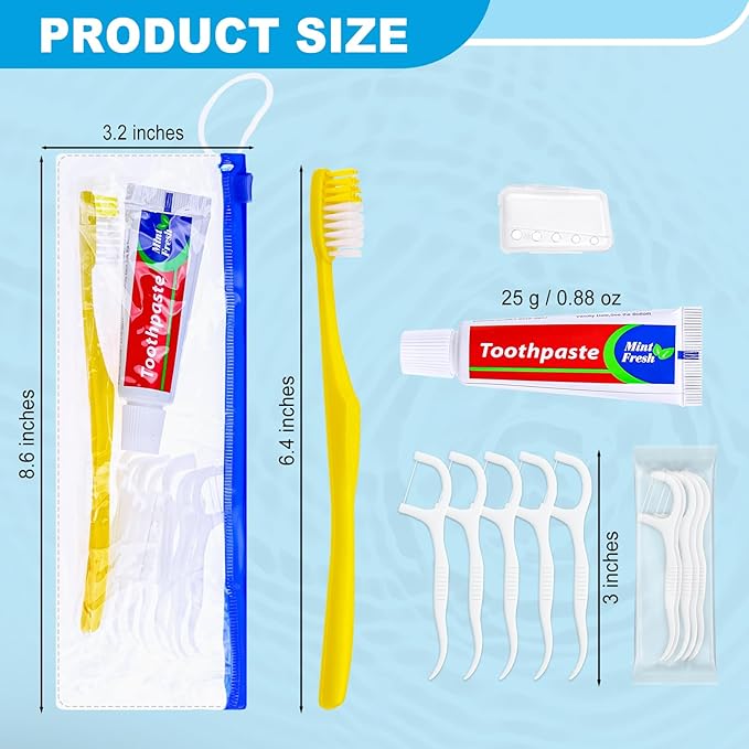 100 pcs Disposable Toothbrushes with Toothpaste and Floss Set,Yellow Individually Wrapped Bulk Single Use Toothbrush Floss Cover Travel Toothbrushes Kit with Zip Bag for Homeless,Hotel,Guest