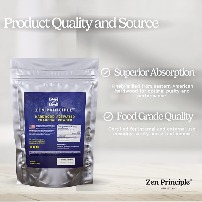 Zen Principle Hardwood Activated Charcoal Powder 100 Percent from USA Trees. All Natural. Whitens Teeth, Rejuvenates Skin and Hair, Supports Better Digestion, 8 oz.