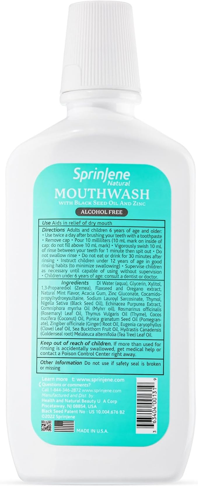 SprinJene Alcohol Free Mouthwash with Xylitol – Fluoride Free Natural Mouthwash for Dry Mouth, Whitening & Fresh Breath – Patented Black Seed Oil & Zinc Formula – Vegan & Made in The USA (1 Pack)