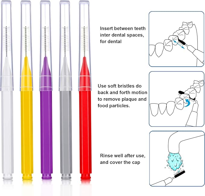 Patelai 50 Pieces Interdental Brush for Cleaner Braces Brush Toothpick Dental Tooth Flossing Head Oral Dental Hygiene Flosser Toothpick Cleaners Tooth Cleaning Tool(Red, Purple, Yellow, Gray, White)