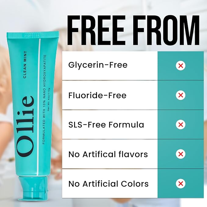 Ollie Clean Mint Nano Hydroxyapatite Toothpaste for Teeth Whitening, 10% Hydroxyapatite Formula, 4oz