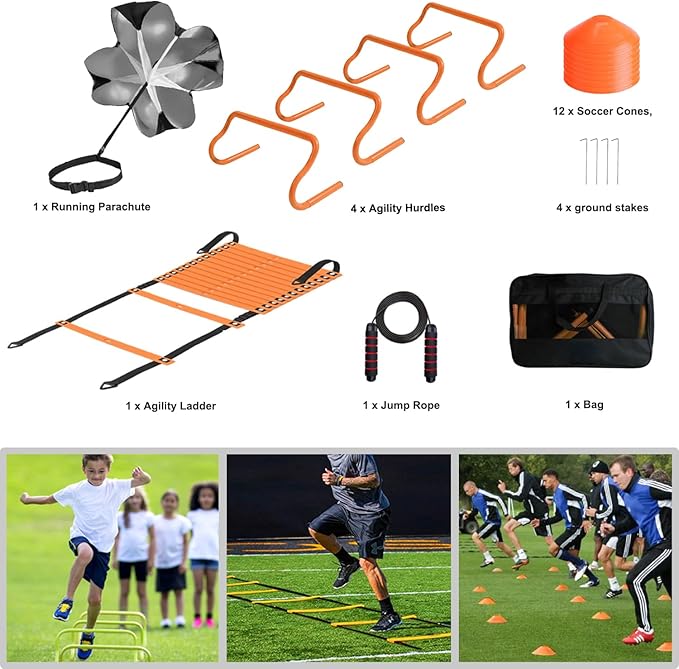 Agility Ladder Speed Agility Training Equipment,1 Agility Ladder 20ft,4 Hurdles,Training Soccer Cones,Jump Rope,Running Parachute, Agility Training Equipment for Kids Youth Adul