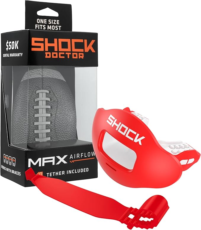 Shock Doctor Lip Guard, Adult and Youth Mouth Guard Football with Strap, Breathable Wide Opening Football Mouthpiece for Youth and Adults OSFA, Shock Doctor Mouth Guards, Max Airflow