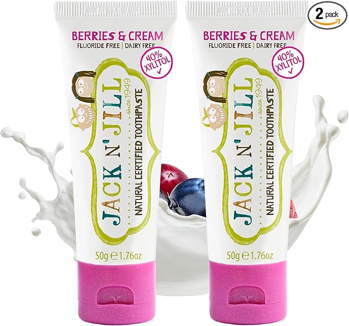 Jack N' Jill Natural Toddler Toothpaste - Fluoride Free Training Toothpaste for Toddlers 1-3, 40% Xylitol, BPA Free - Berries N' Cream, 1.76 oz (Pack of 2)