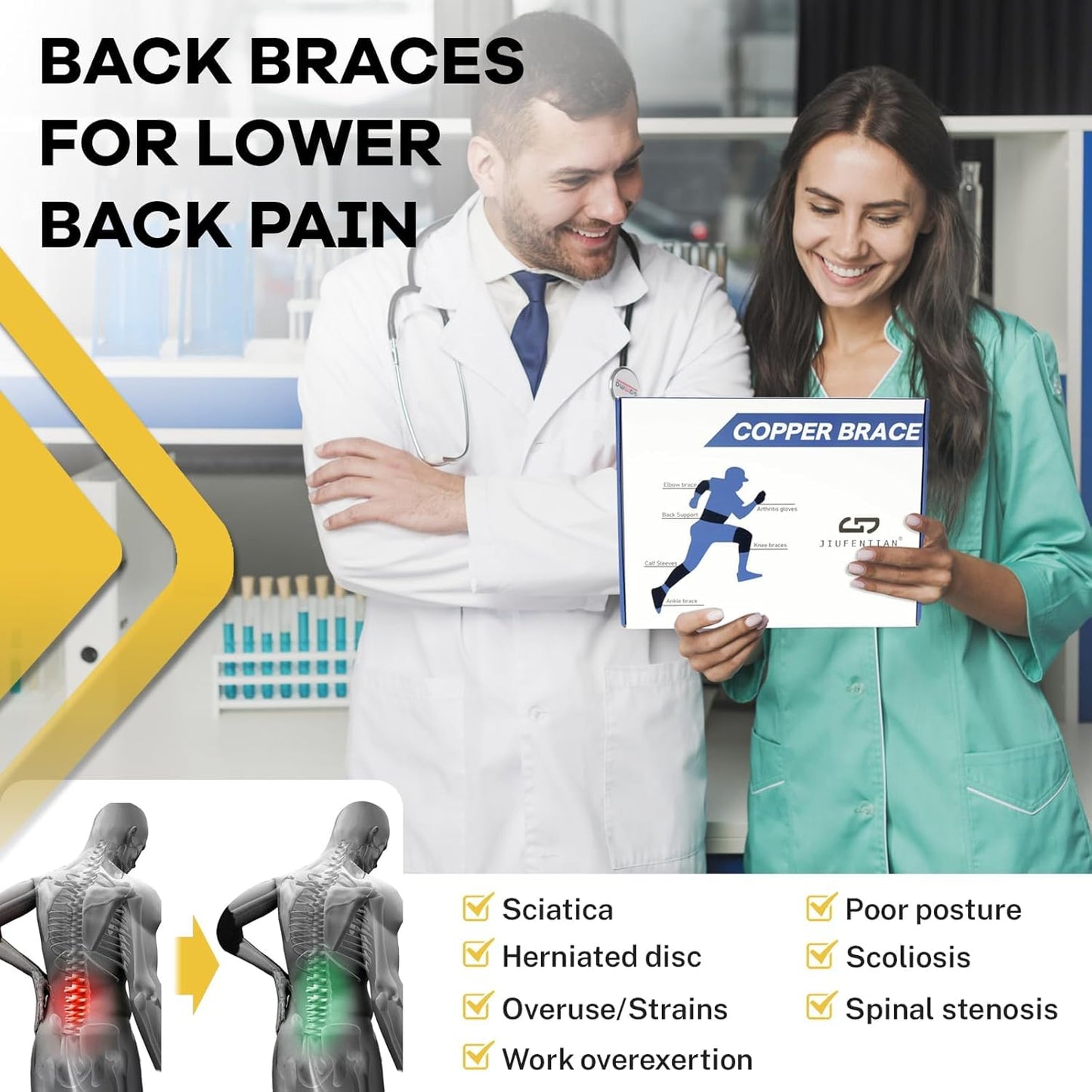 JIUFENTIAN Copper Back Braces for Lower Back Pain with Support System - Lower Back Brace for Herniated Disc,Lumbar supports for Sciatica, Scoliosis,Heavy Lifting and Work(Medium)