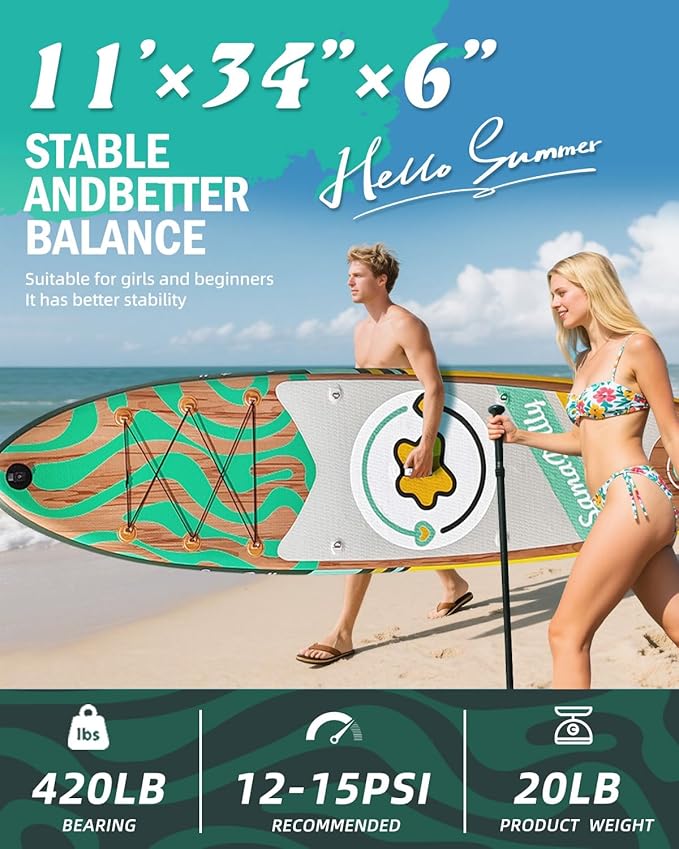 11'Stand Up Paddle Boards Surf Control with Premium SUP Board Accessories Backpack & Removable Fins, 34" Wide Inflatable Paddle Boards of All Skill Levels