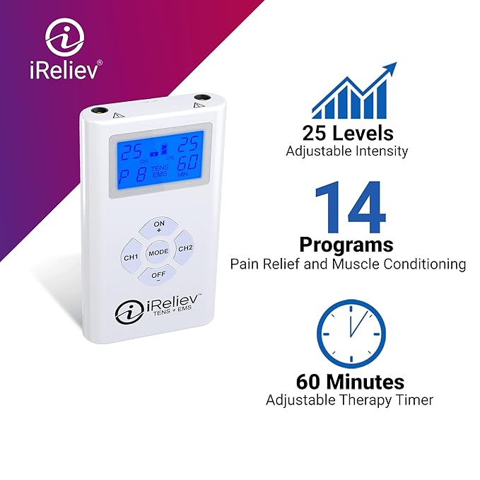 iReliev TENS + EMS Combination Unit Muscle Stimulator for Pain Relief, Arthritis, Muscle Strength - Treats Tired, Sore Muscles in Your Shoulders, Back, Ab's, Legs, Knee's, More
