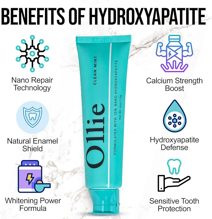 Ollie Clean Mint Nano Hydroxyapatite Toothpaste for Teeth Whitening, 10% Hydroxyapatite Formula, 4oz
