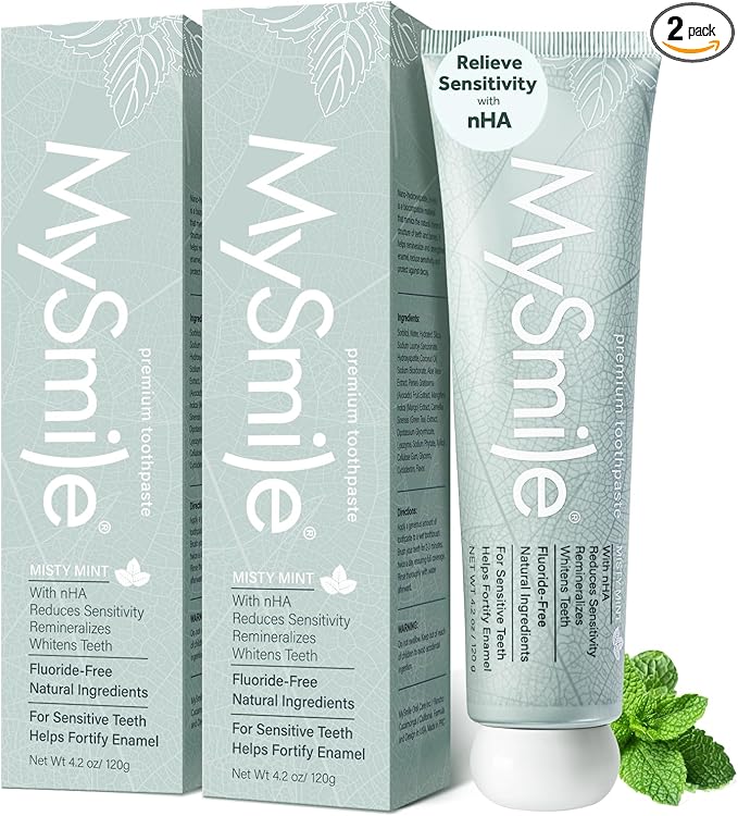 MySmile Fluoride Free Nano Hydroxyapatite Toothpaste for Sensitive Teeth, Strengthens Enamel, Remineralizes & Whitens Teeth, Freshens Breath for Adults, SLS Free, Natural Misty Mint, 4.2 oz, 2 Pack